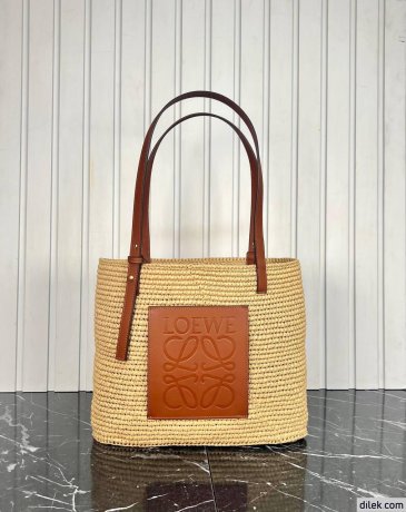 Loewe Small Square Basket Bag In Raffia and Calfskin
