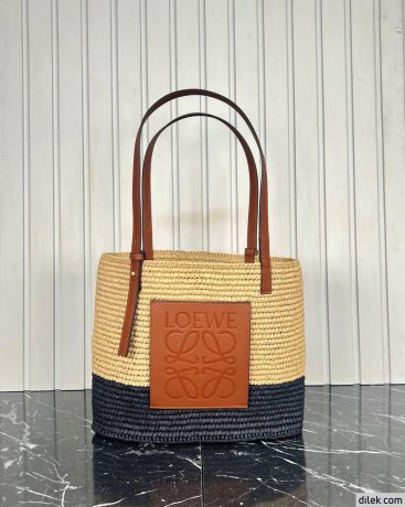 Loewe Small Square Basket Bag In Raffia and Calfskin