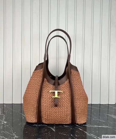 Tod's Timeless Shopping Bag in Raffia and Leather Medium