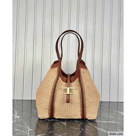 Tod's Timeless Shopping Bag in Raffia and Leather Medium