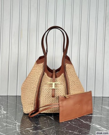 Tod's Timeless Shopping Bag in Raffia and Leather Medium