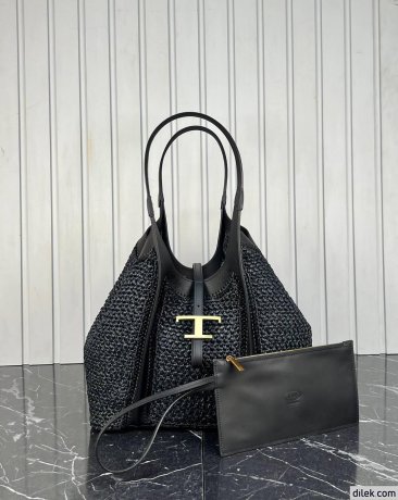 Tod's Timeless Shopping Bag in Raffia and Leather Medium