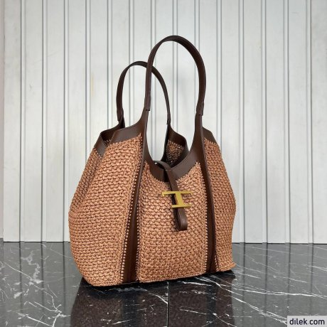Tod's Timeless Shopping Bag in Raffia and Leather Medium